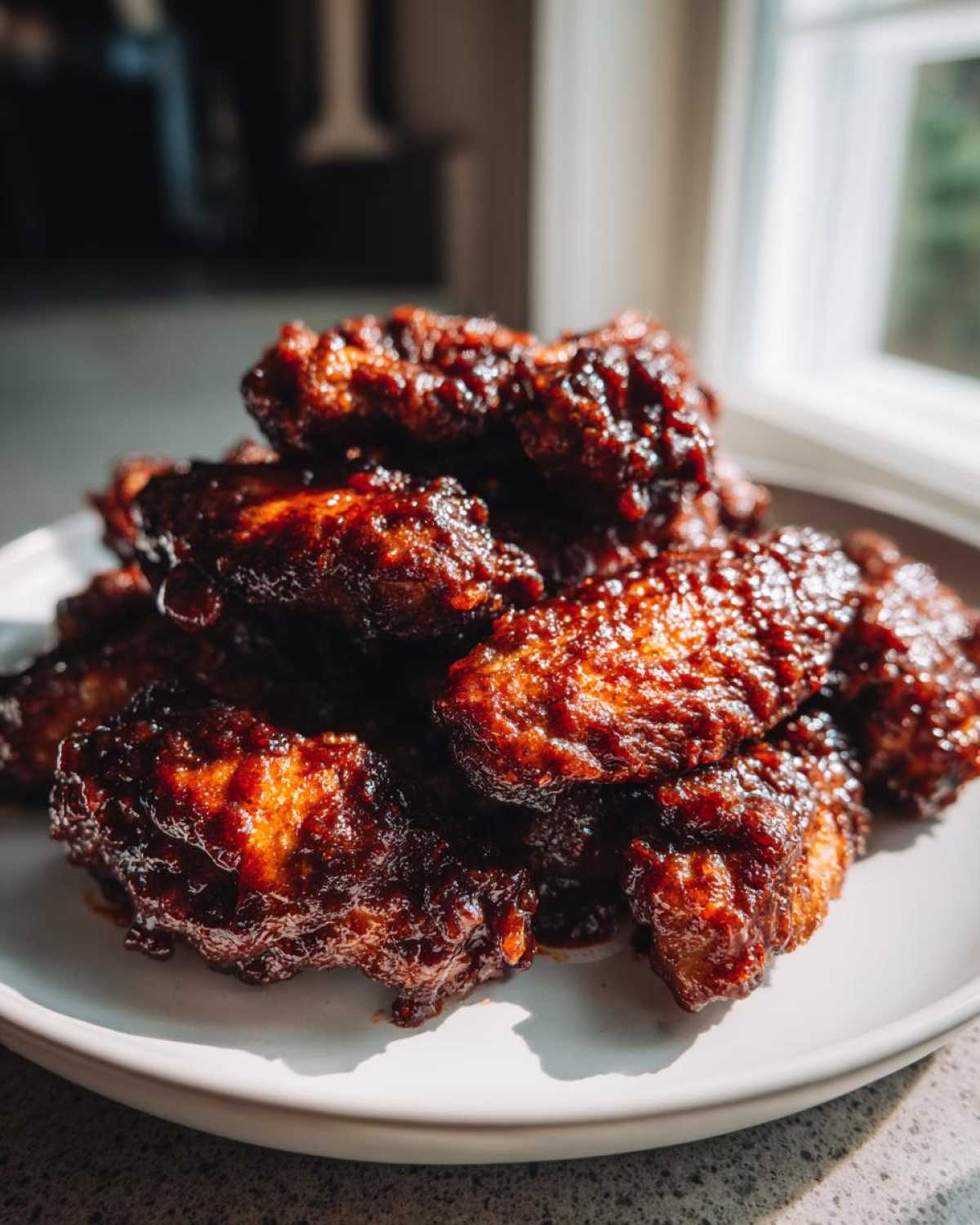 A close-up of a pile of sticky, dark, glazed Air Fryer BBQ Chicken Wings on a white plate.