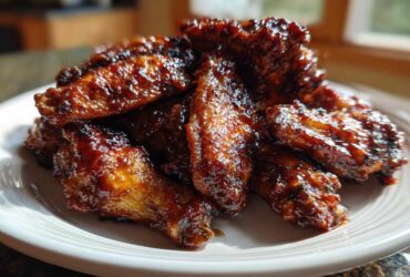 A pile of sticky, glazed Air Fryer BBQ Chicken Wings glistening under natural light on a white plate.