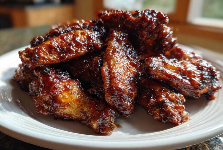 A pile of sticky, glazed Air Fryer BBQ Chicken Wings glistening under natural light on a white plate.