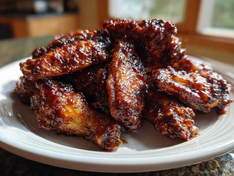 A pile of sticky, glazed Air Fryer BBQ Chicken Wings glistening under natural light on a white plate.