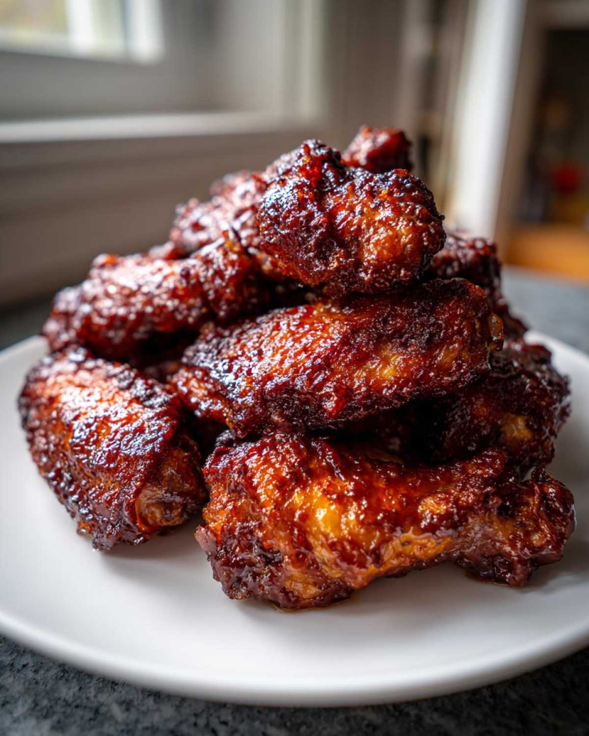 A close-up of a pile of perfectly cooked, sticky, and glazed Air Fryer BBQ Chicken Wings on a white plate.