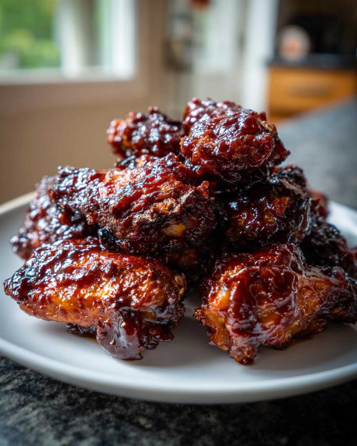 Close-up of a pile of sticky, glossy Air Fryer BBQ Chicken Wings coated in dark sauce on a white plate.
