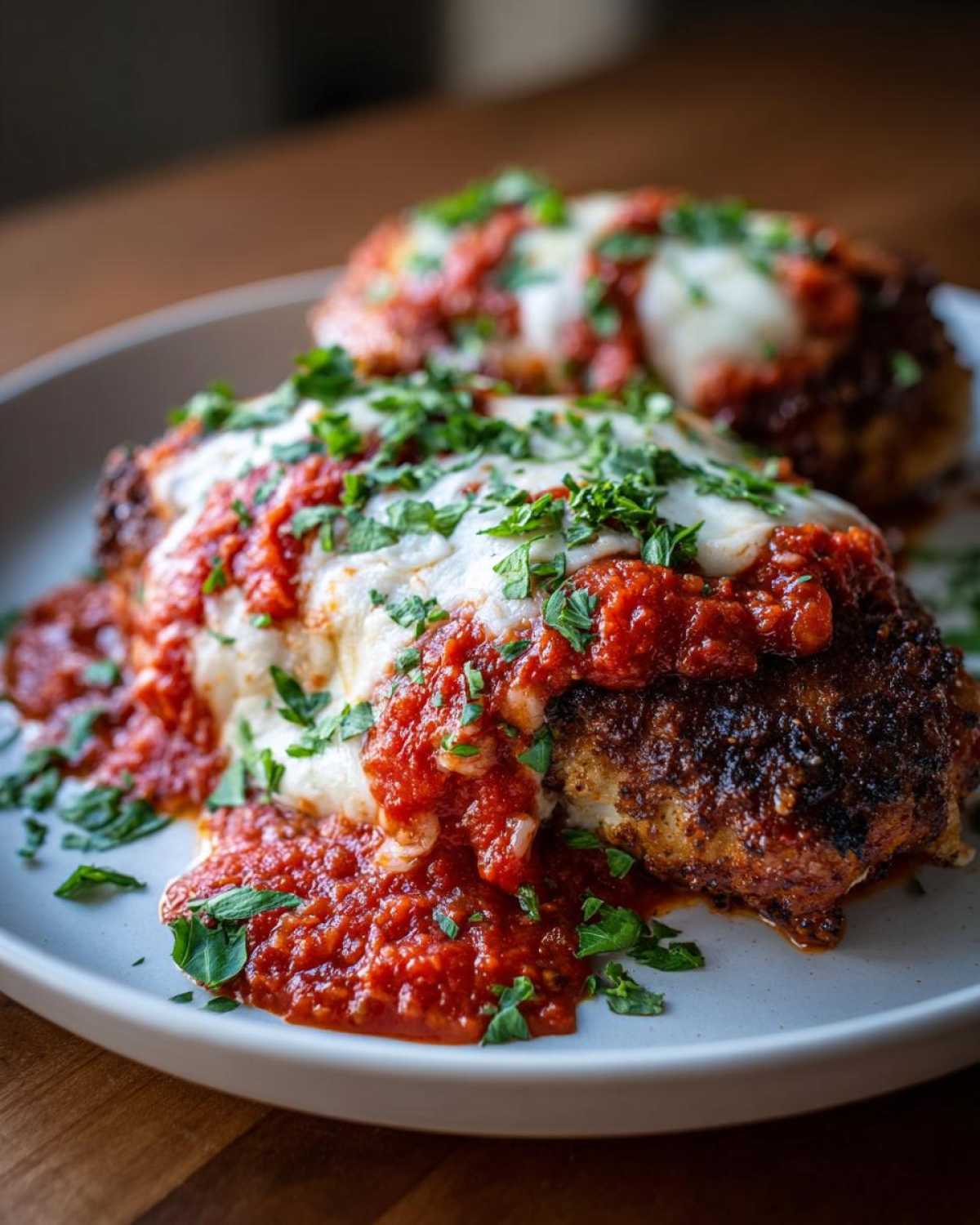 Two pieces of crispy Air Fryer Chicken Parmesan topped with melted mozzarella cheese and marinara sauce, garnished with parsley.