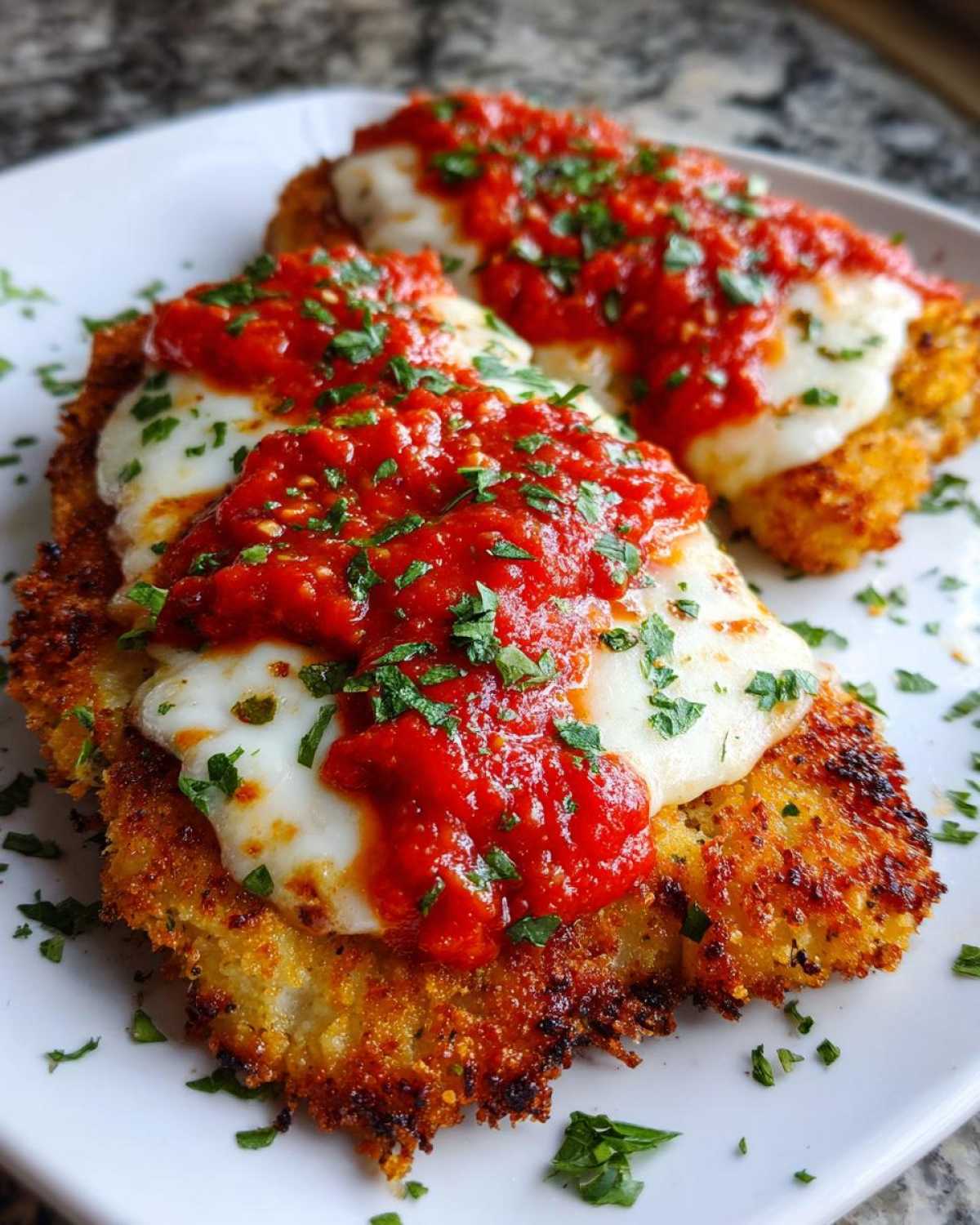 Two pieces of crispy Air Fryer Chicken Parmesan topped with melted mozzarella and bright red marinara sauce.