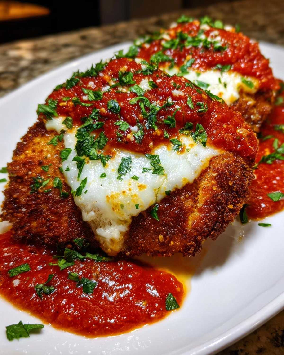 Two pieces of crispy Air Fryer Chicken Parmesan topped with melted mozzarella and marinara sauce, garnished with parsley.