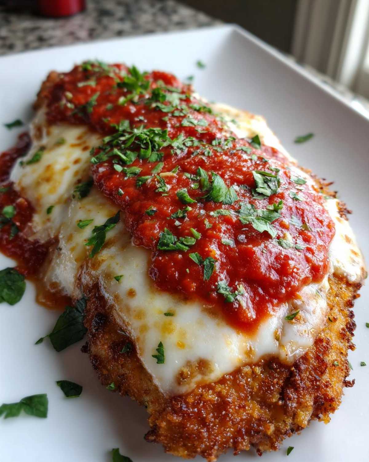 Close-up of a crispy, breaded Air Fryer Chicken Parmesan topped with melted mozzarella and marinara sauce, garnished with parsley.
