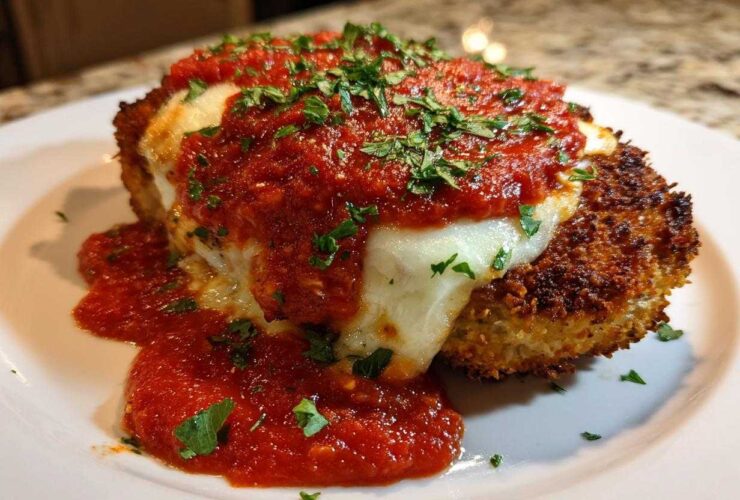 A close-up of crispy Air Fryer Chicken Parmesan topped with melted mozzarella and marinara sauce, garnished with parsley.