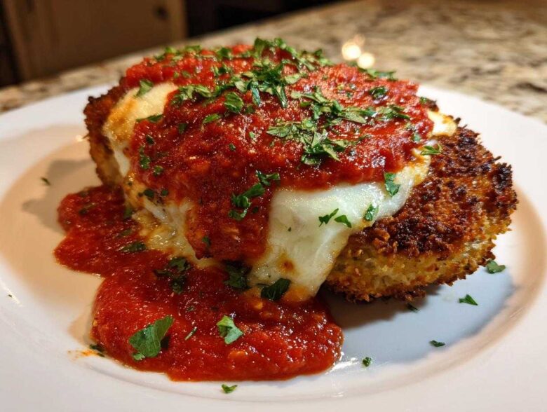 A close-up of crispy Air Fryer Chicken Parmesan topped with melted mozzarella and marinara sauce, garnished with parsley.