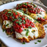 Two pieces of crispy Air Fryer Chicken Parmesan topped with melted mozzarella, marinara sauce, and fresh parsley.
