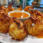 Plate of crispy, golden Air Fryer Coconut Shrimp arranged around a small bowl of sweet chili sauce.