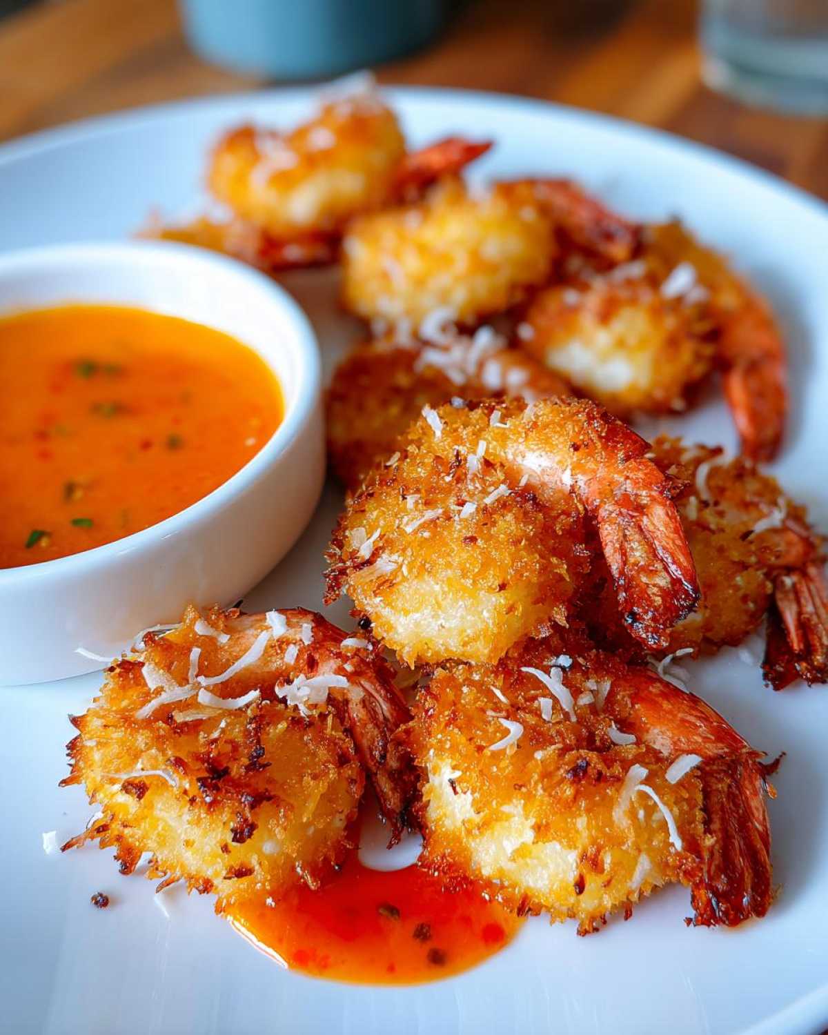 Close-up of golden brown Air Fryer Coconut Shrimp served on a white plate with a side of bright orange sweet chili dipping sauce.