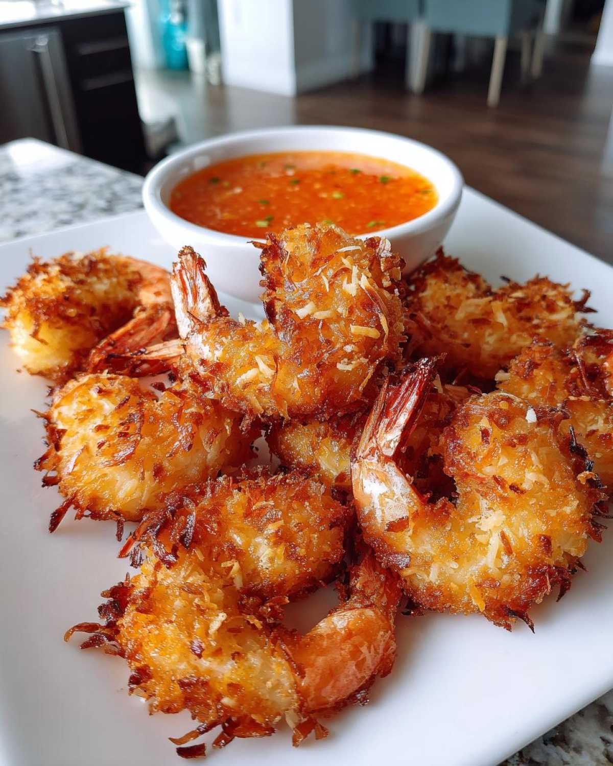 A plate of crispy, golden Air Fryer Coconut Shrimp served with a small bowl of bright orange sweet chili sauce.