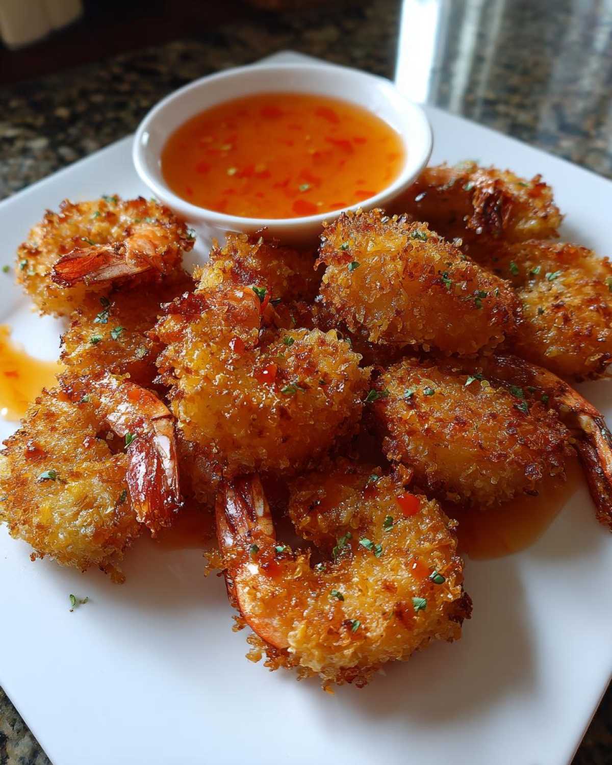 Plate of crispy Air Fryer Coconut Shrimp served with a small bowl of sweet chili dipping sauce.