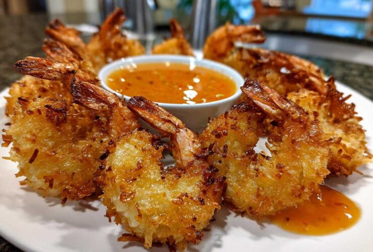 Plate of crispy, golden Air Fryer Coconut Shrimp arranged around a small bowl of sweet chili sauce.