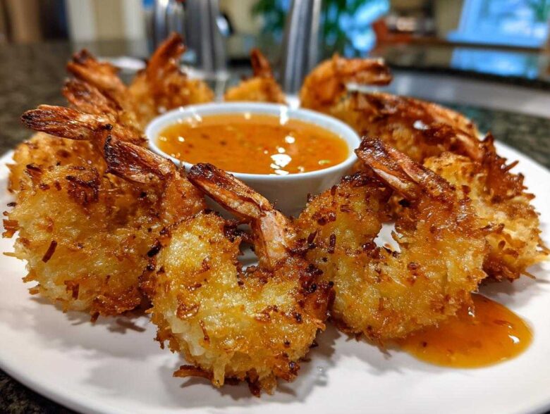 Plate of crispy, golden Air Fryer Coconut Shrimp arranged around a small bowl of sweet chili sauce.