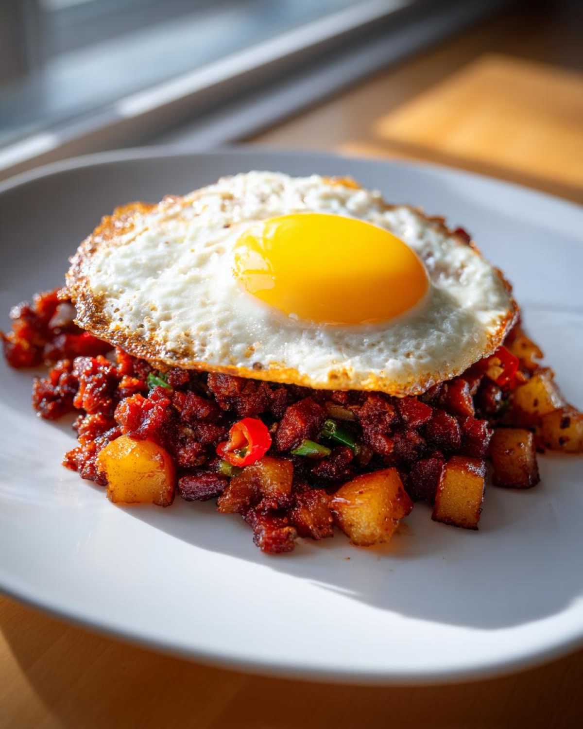 A serving of Air Fryer Corned Beef Hash with crispy potatoes, topped with a perfectly fried sunny-side-up egg.