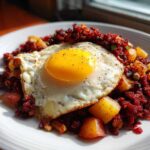 A plate of Air Fryer Corned Beef Hash with crispy potatoes topped with a perfectly cooked sunny-side-up egg.