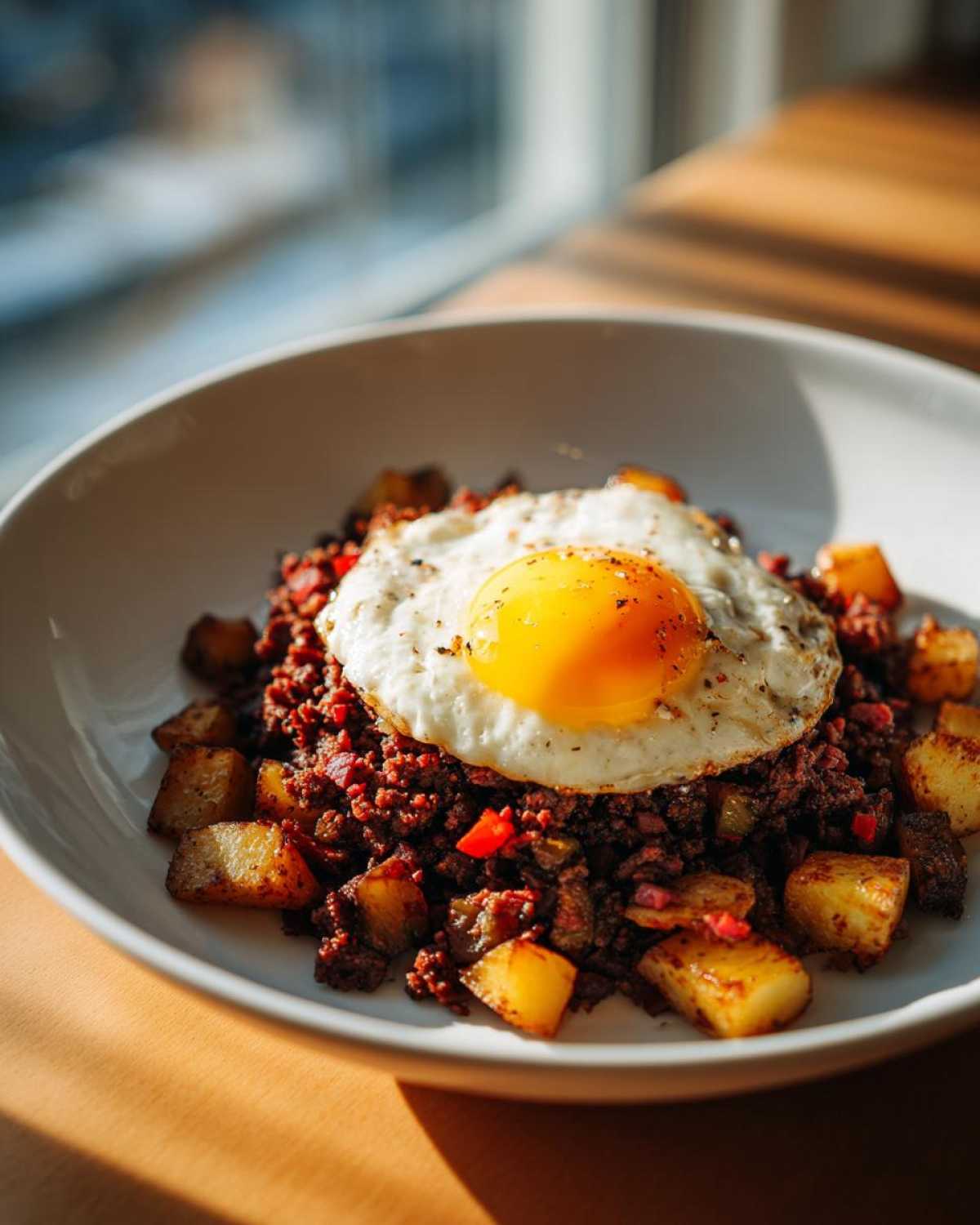 A serving of Air Fryer Corned Beef Hash with crispy potatoes topped with a sunny-side-up egg.