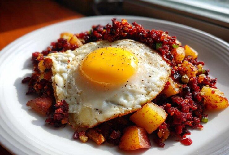 A plate of Air Fryer Corned Beef Hash with crispy potatoes topped with a perfectly cooked sunny-side-up egg.