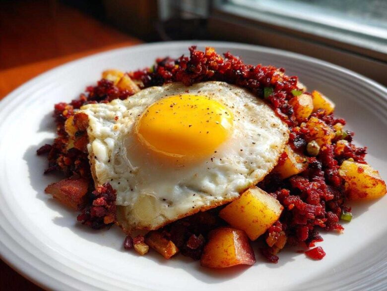 A plate of Air Fryer Corned Beef Hash with crispy potatoes topped with a perfectly cooked sunny-side-up egg.
