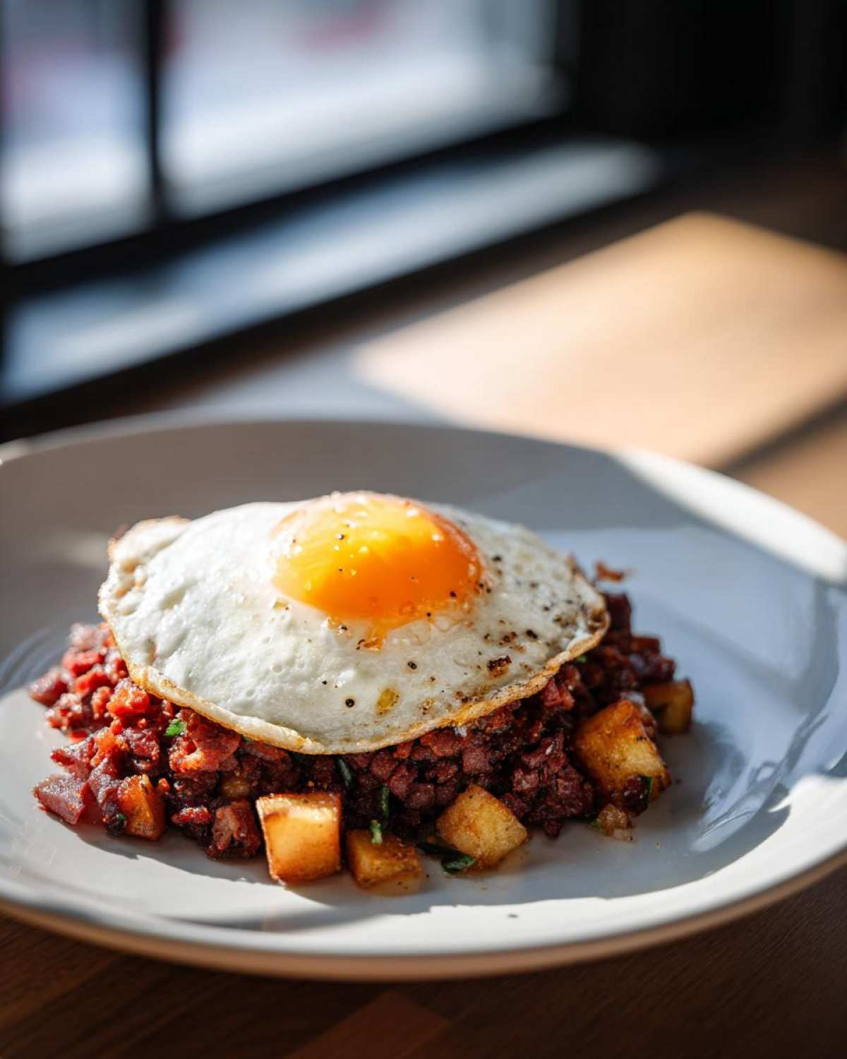 A serving of Air Fryer Corned Beef Hash with crispy potatoes topped with a perfectly cooked sunny-side-up egg.
