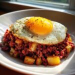 A serving of Air Fryer Corned Beef Hash with crispy potatoes topped with a perfectly cooked sunny-side-up egg.