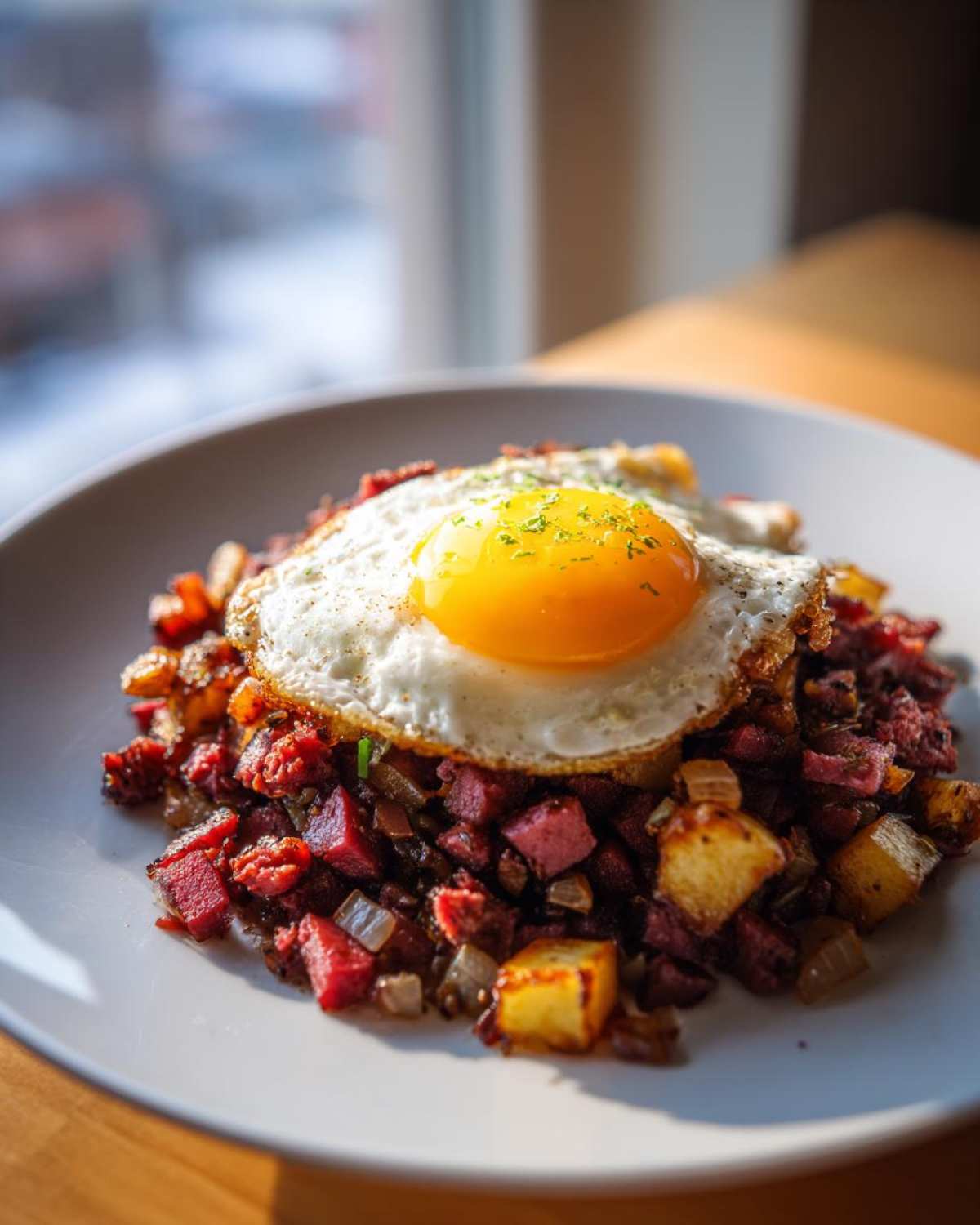 A serving of Air Fryer Corned Beef Hash with crispy potatoes and a sunny-side-up egg on top.