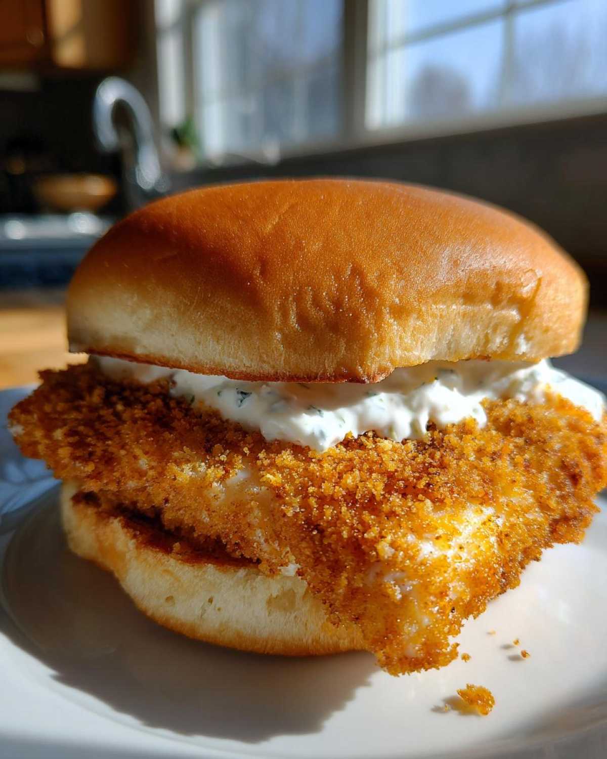 A golden brown Air Fryer Crispy Fish Sandwich topped generously with white tartar sauce on a brioche bun.