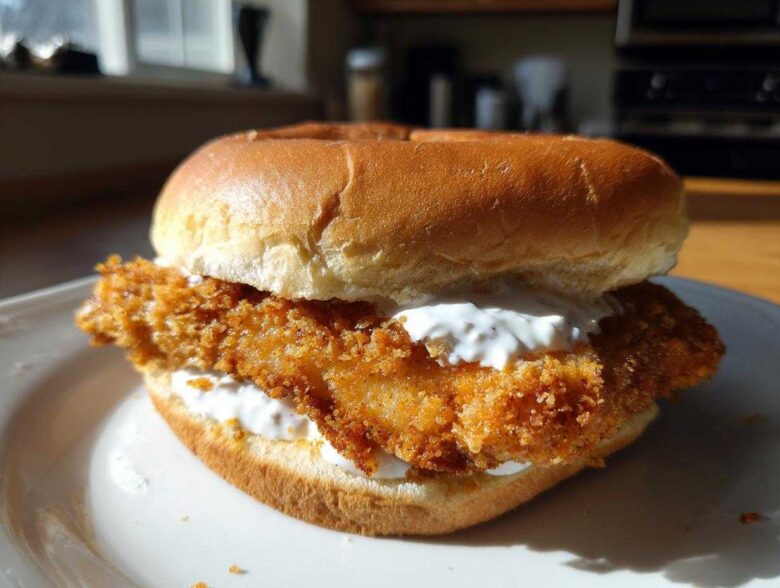 Close-up of a golden brown, crispy Air Fryer Crispy Fish Sandwich topped with white tartar sauce on a brioche bun.