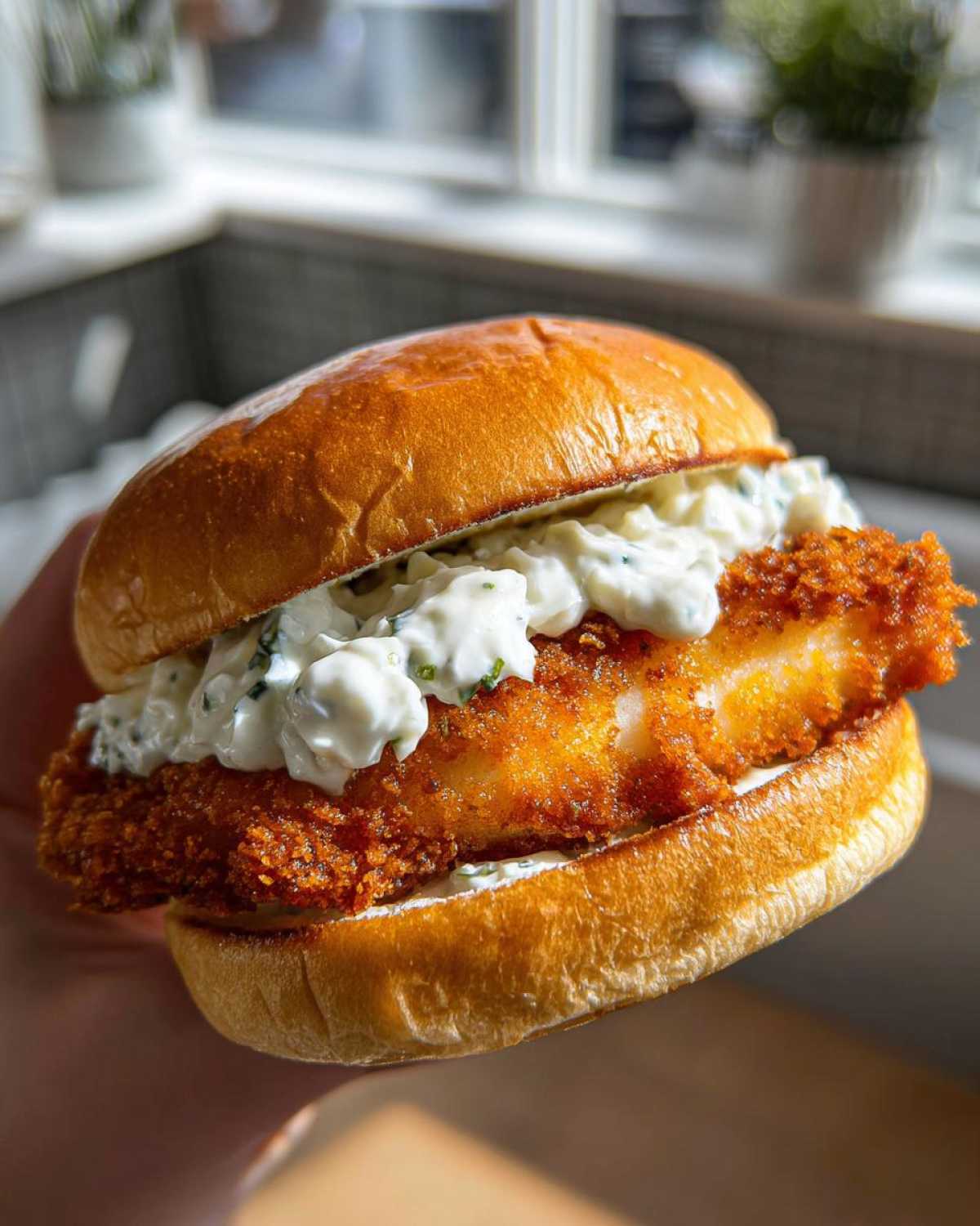 A close-up of an Air Fryer Crispy Fish Sandwich featuring a golden, breaded fillet topped generously with creamy tartar sauce on a brioche bun.