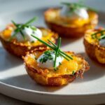 Close-up of four Air Fryer Crispy Potato Skins topped with melted cheddar, sour cream, and fresh chives.