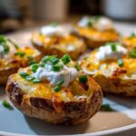 Close-up of several Air Fryer Crispy Potato Skins topped with melted cheese, sour cream, and chives.