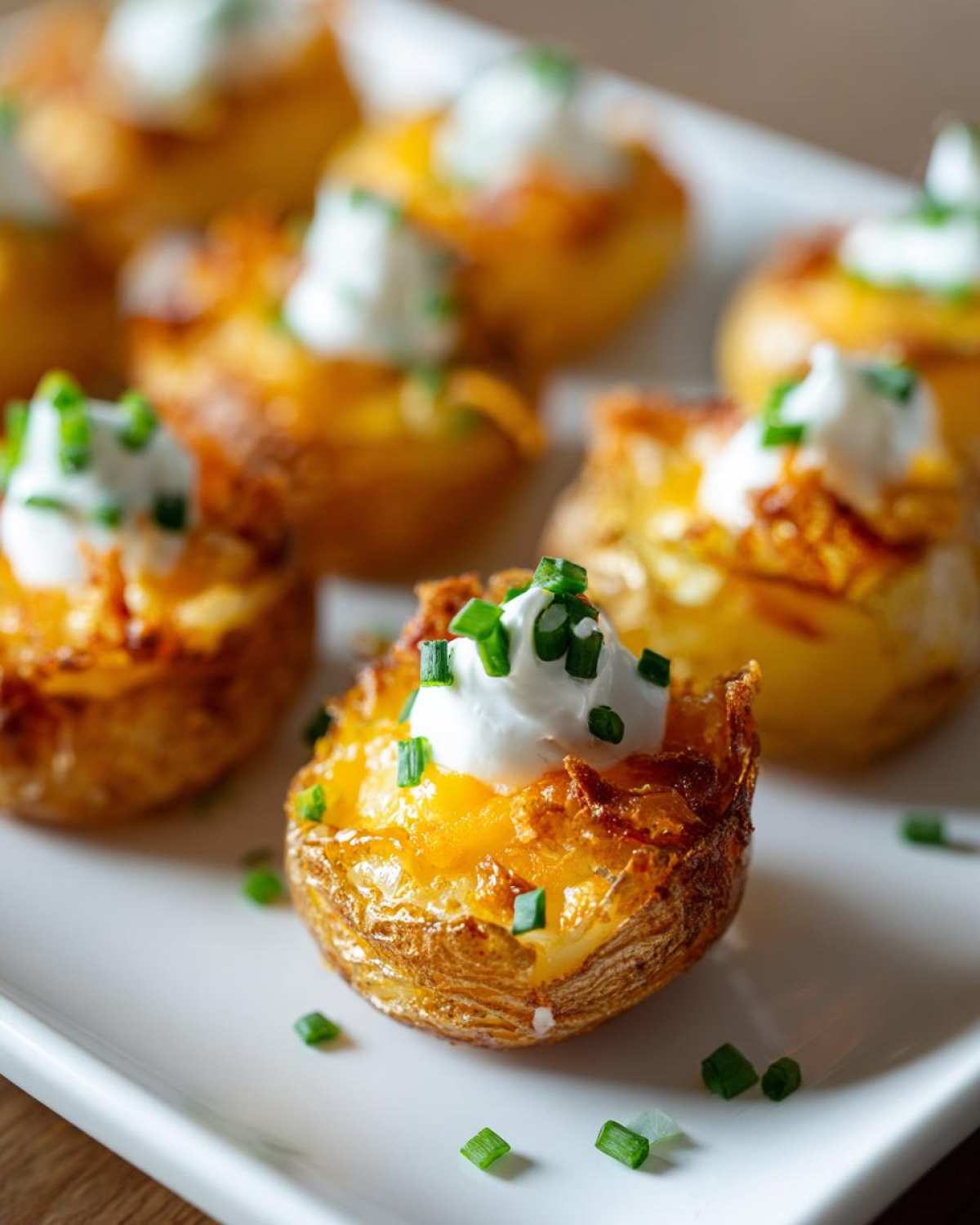 Close-up of Air Fryer Crispy Potato Skins topped with melted cheese, sour cream, and chives.