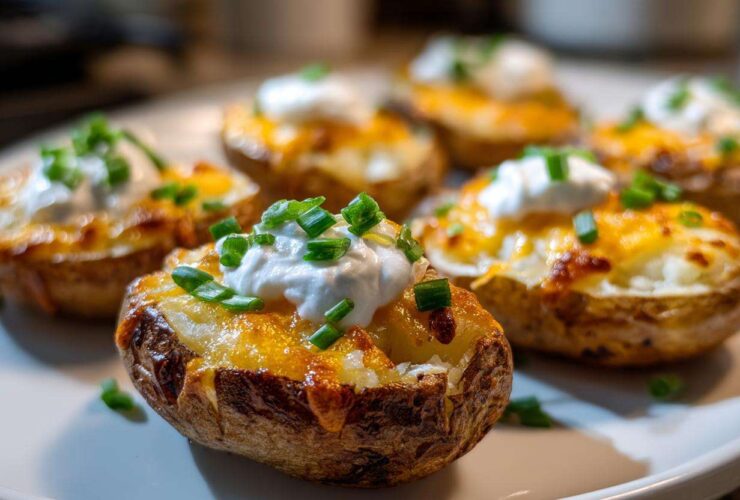 Close-up of several Air Fryer Crispy Potato Skins topped with melted cheese, sour cream, and chives.