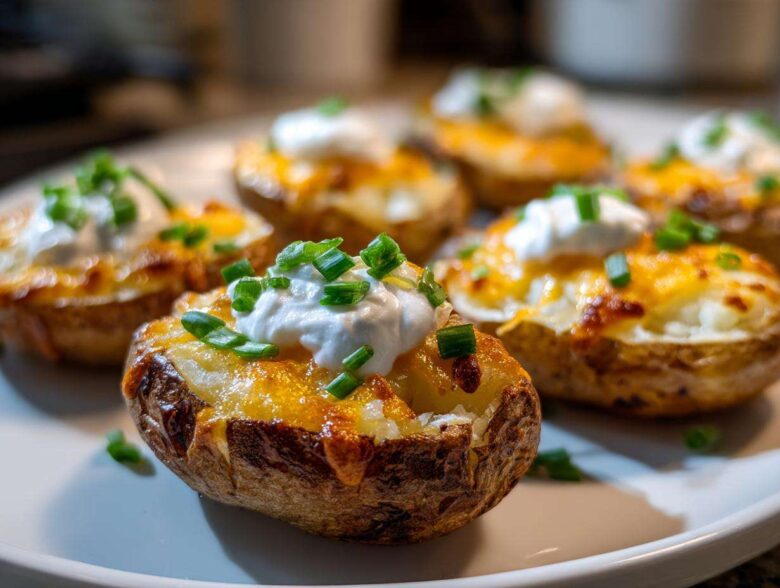 Close-up of several Air Fryer Crispy Potato Skins topped with melted cheese, sour cream, and chives.