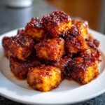 Close-up of golden, crispy cubes of Air Fryer Crispy Tofu coated in a thick, glistening sweet chili glaze.