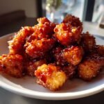 A pile of golden, crispy Air Fryer Crispy Tofu generously coated in a thick, glossy sweet chili glaze with visible red pepper flakes.
