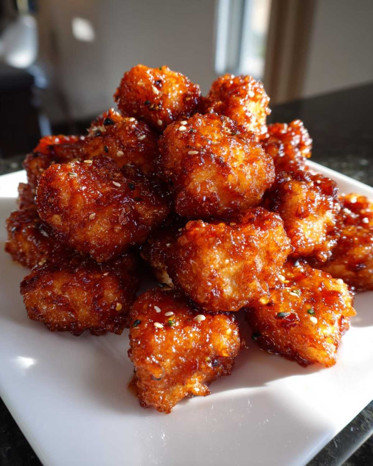 A pile of golden brown, glazed Air Fryer Crispy Tofu pieces sprinkled with sesame seeds.