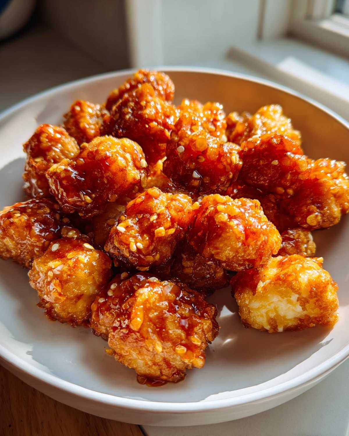 Close-up of crispy, glazed tofu bites coated in sweet chili glaze and sesame seeds.