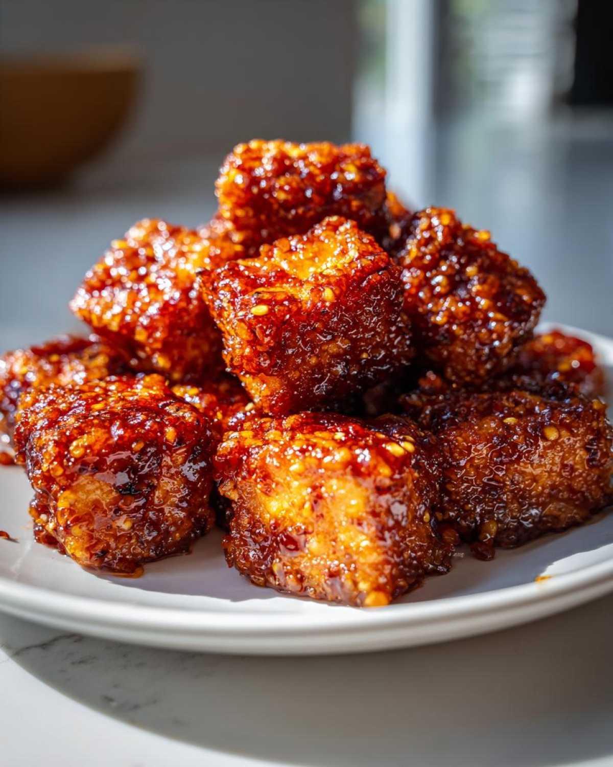 A pile of golden brown, crispy Air Fryer Crispy Tofu coated in a thick, glossy sweet chili glaze.