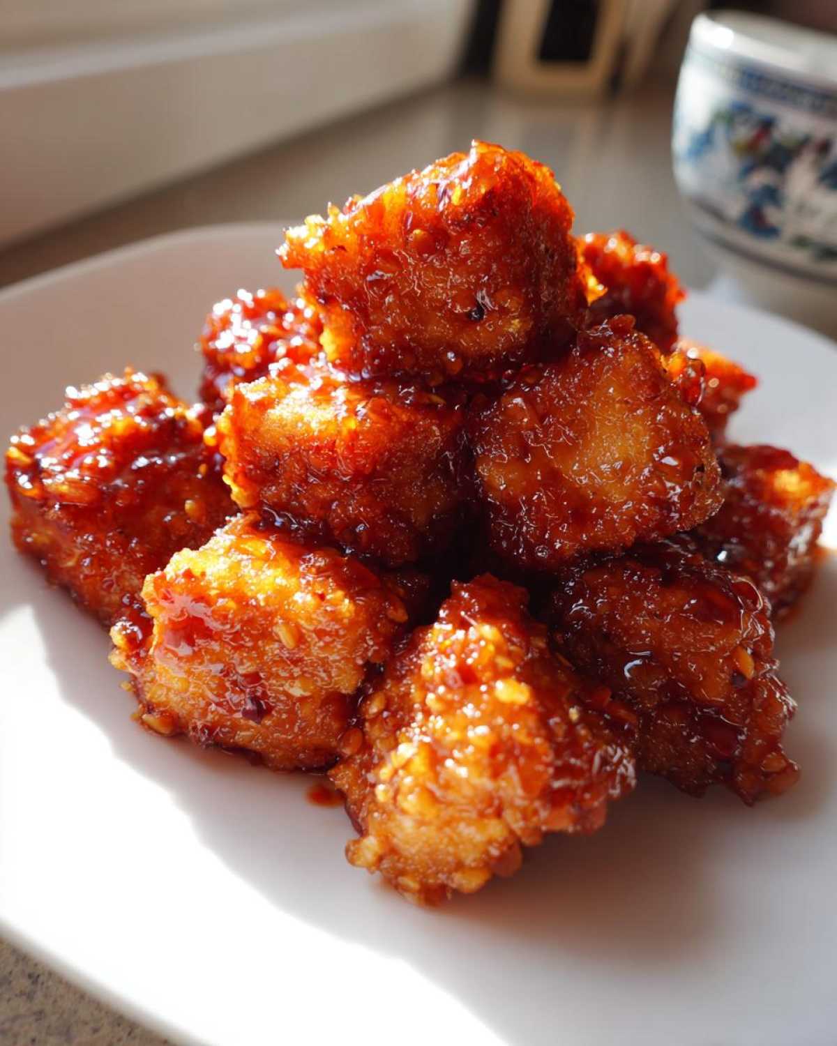 Close-up of golden brown Air Fryer Crispy Tofu pieces coated in a shiny sweet chili glaze on a white plate.