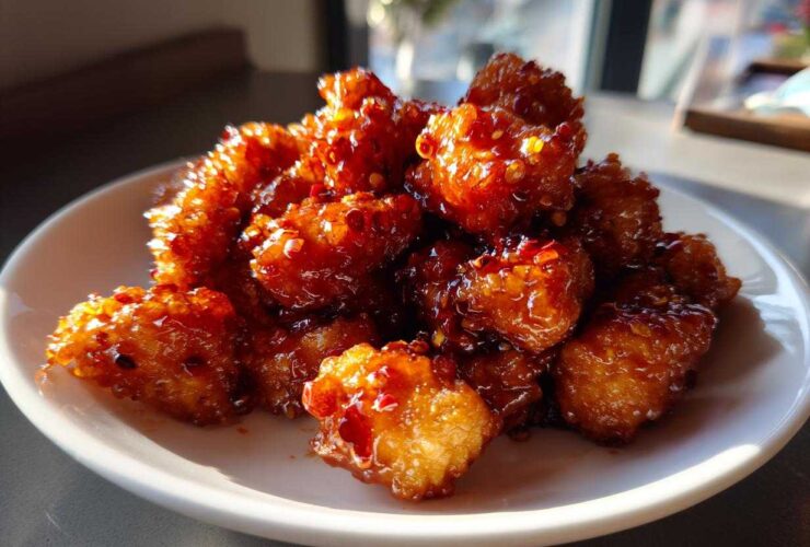 A pile of golden, crispy Air Fryer Crispy Tofu generously coated in a thick, glossy sweet chili glaze with visible red pepper flakes.