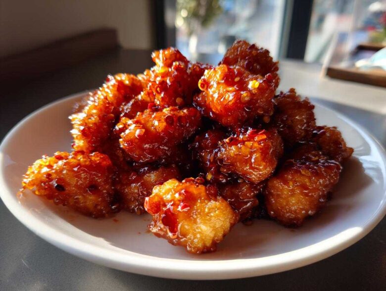 A pile of golden, crispy Air Fryer Crispy Tofu generously coated in a thick, glossy sweet chili glaze with visible red pepper flakes.