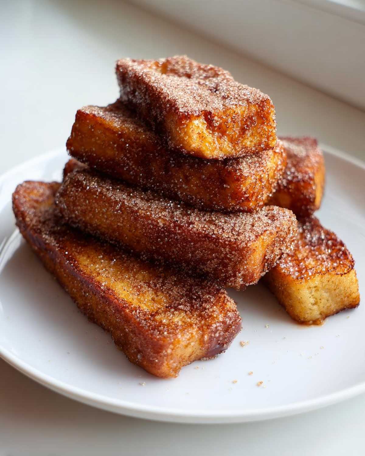 A stack of golden brown Air Fryer French Toast Sticks generously coated in cinnamon sugar on a white plate.
