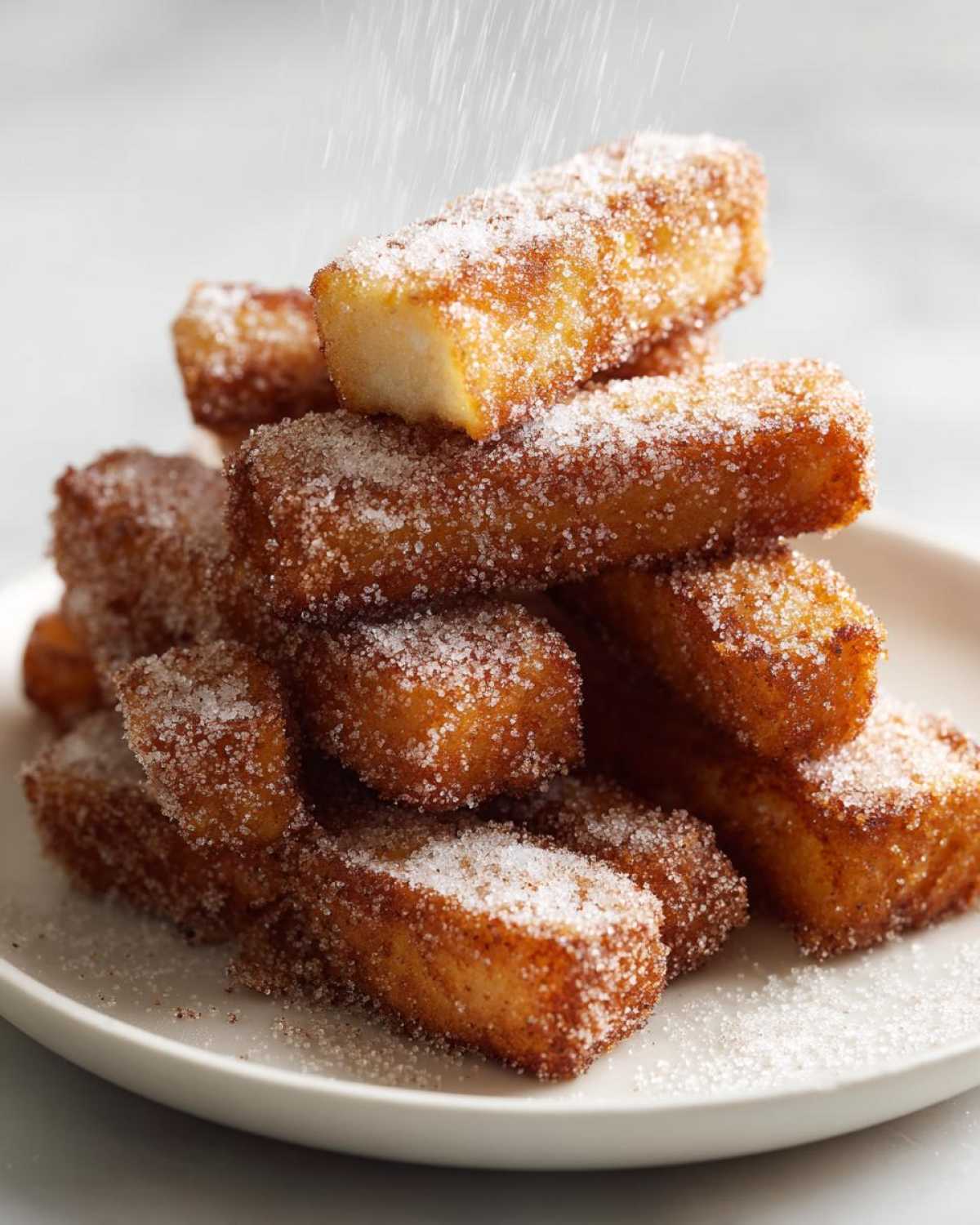 A stack of golden brown Air Fryer French Toast Sticks being dusted with cinnamon sugar.