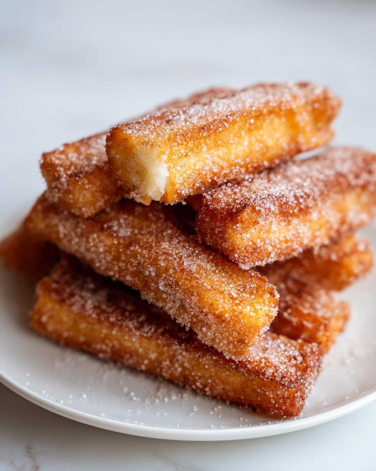 A stack of golden brown Air Fryer French Toast Sticks heavily coated in cinnamon sugar on a white plate.
