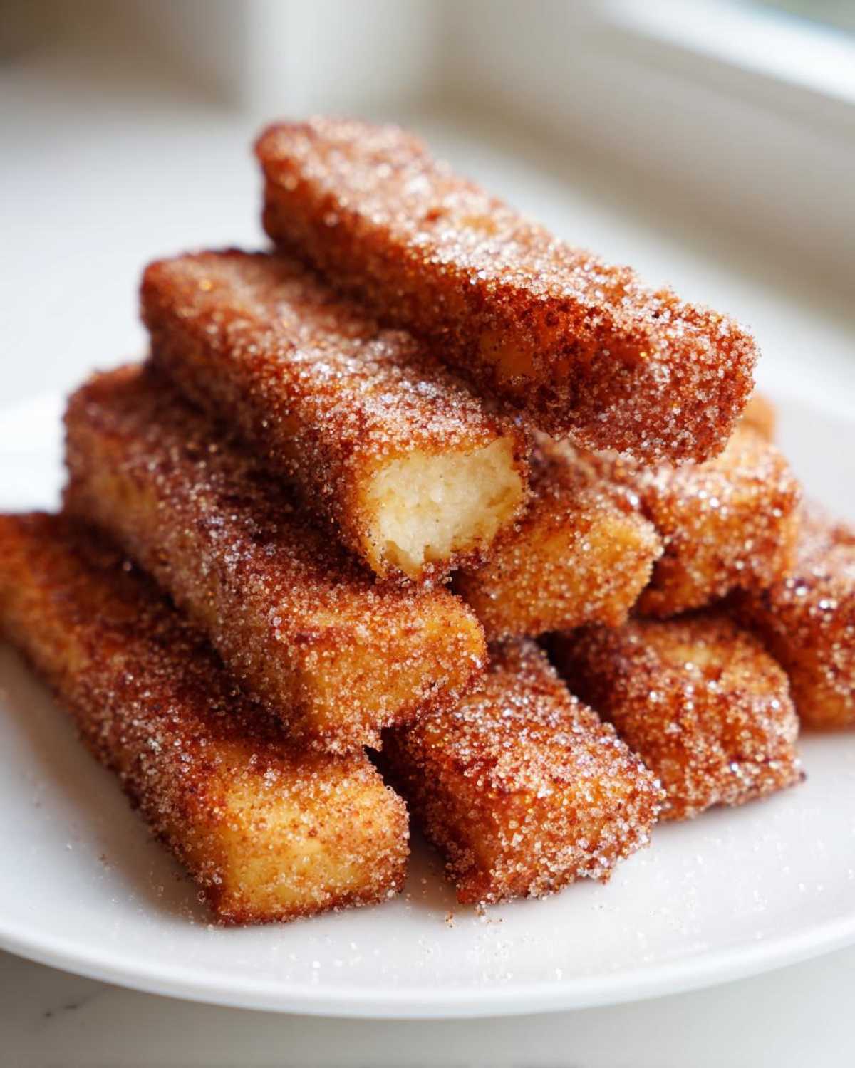 A stack of golden brown Air Fryer French Toast Sticks heavily coated in sparkling cinnamon sugar on a white plate.