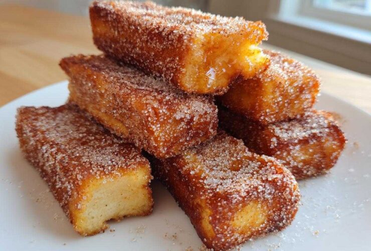 A stack of golden brown Air Fryer French Toast Sticks heavily coated in cinnamon sugar on a white plate.