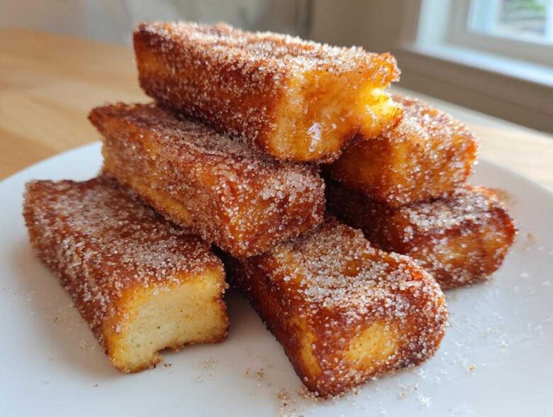 A stack of golden brown Air Fryer French Toast Sticks heavily coated in cinnamon sugar on a white plate.
