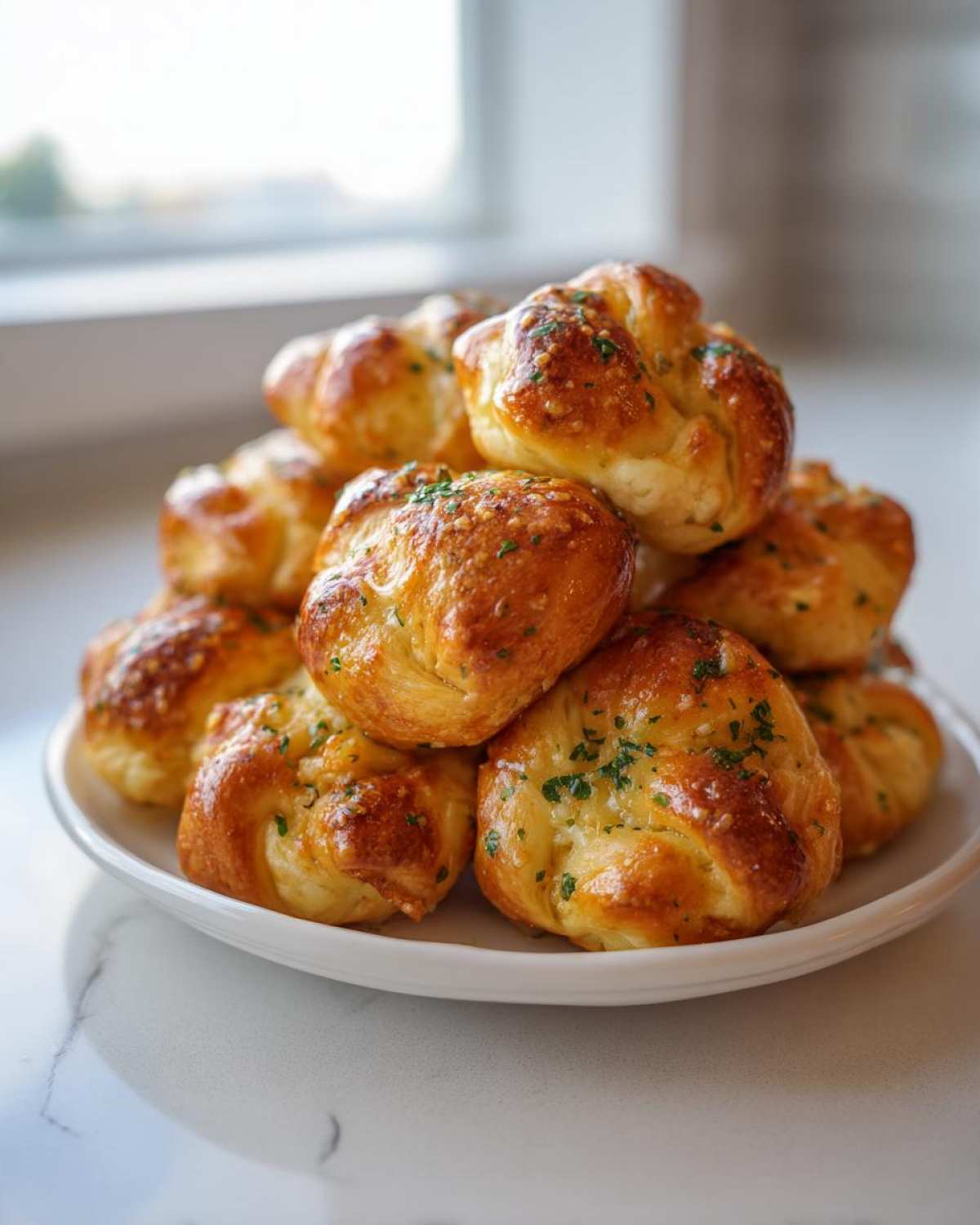 A stack of golden brown, glossy Air Fryer Garlic Knots topped with garlic butter and parsley on a white plate.
